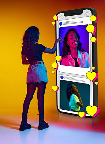 Person looking at themselves online on their social media with hearts hovering around their posts